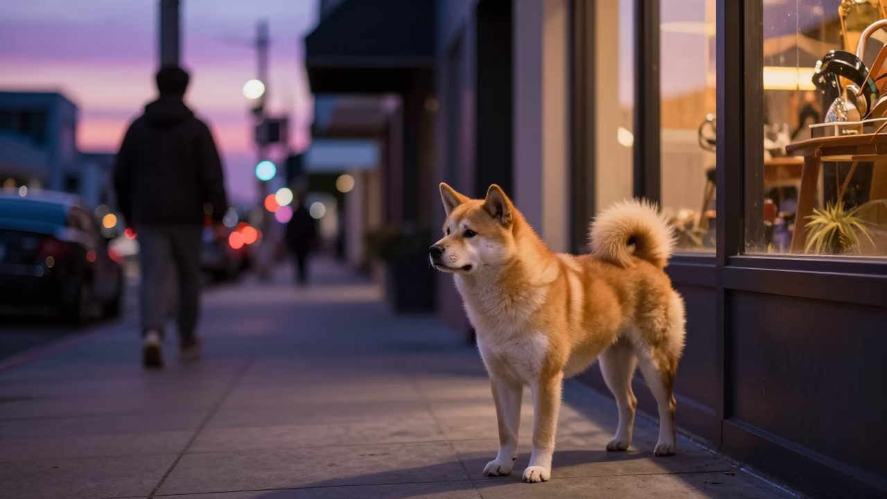 Indigo Twilight Los Angeles Street Scene with Korean Jindo Dog and Glass Bottles in in Los Angeles, California, United States