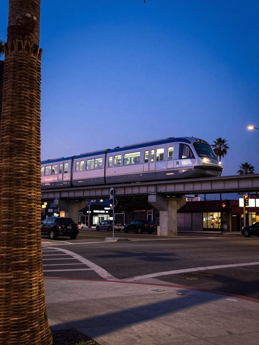 Indigo Twilight Los Angeles Street Scene with Monorail and Wicker Bench Shadows in in Los Angeles, California, United States