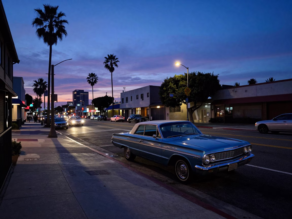 Indigo Twilight Los Angeles Street Scene with Vintage Car and Jar in in Los Angeles, California, United States