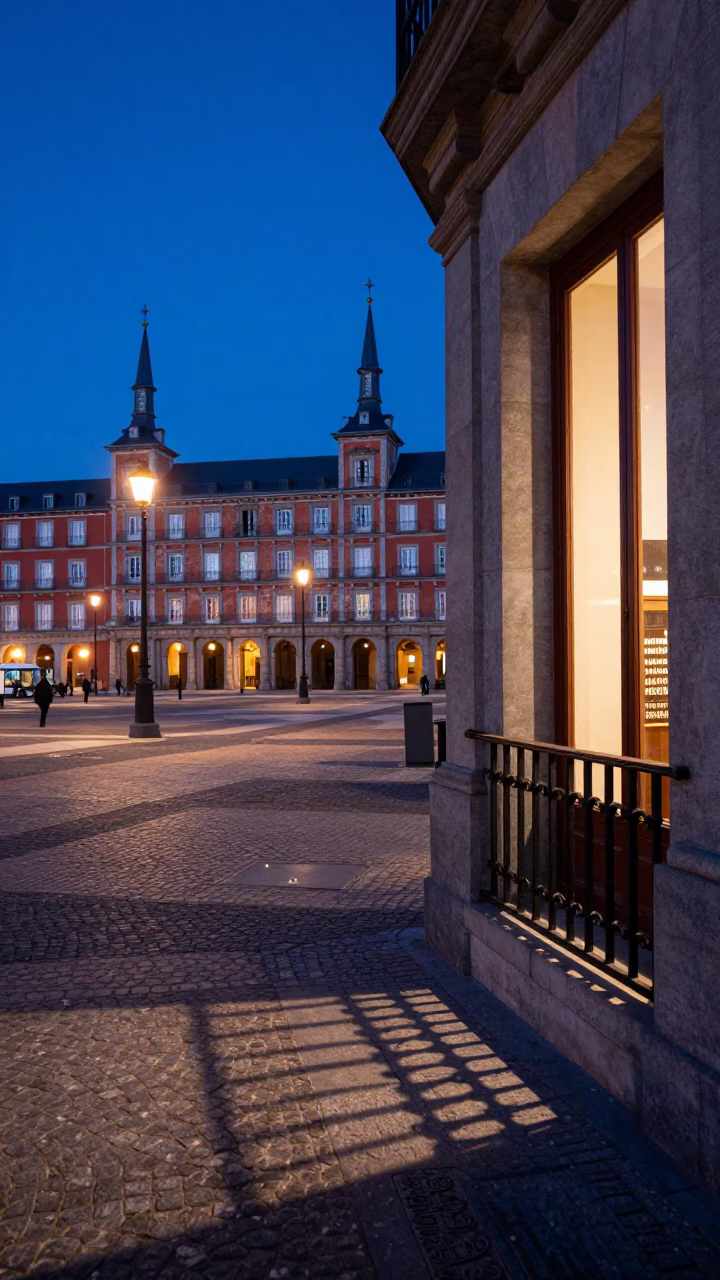 Indigo Twilight Madrid Plaza with Wicker Shadow and Window Light on Rail in in Madrid, Spain