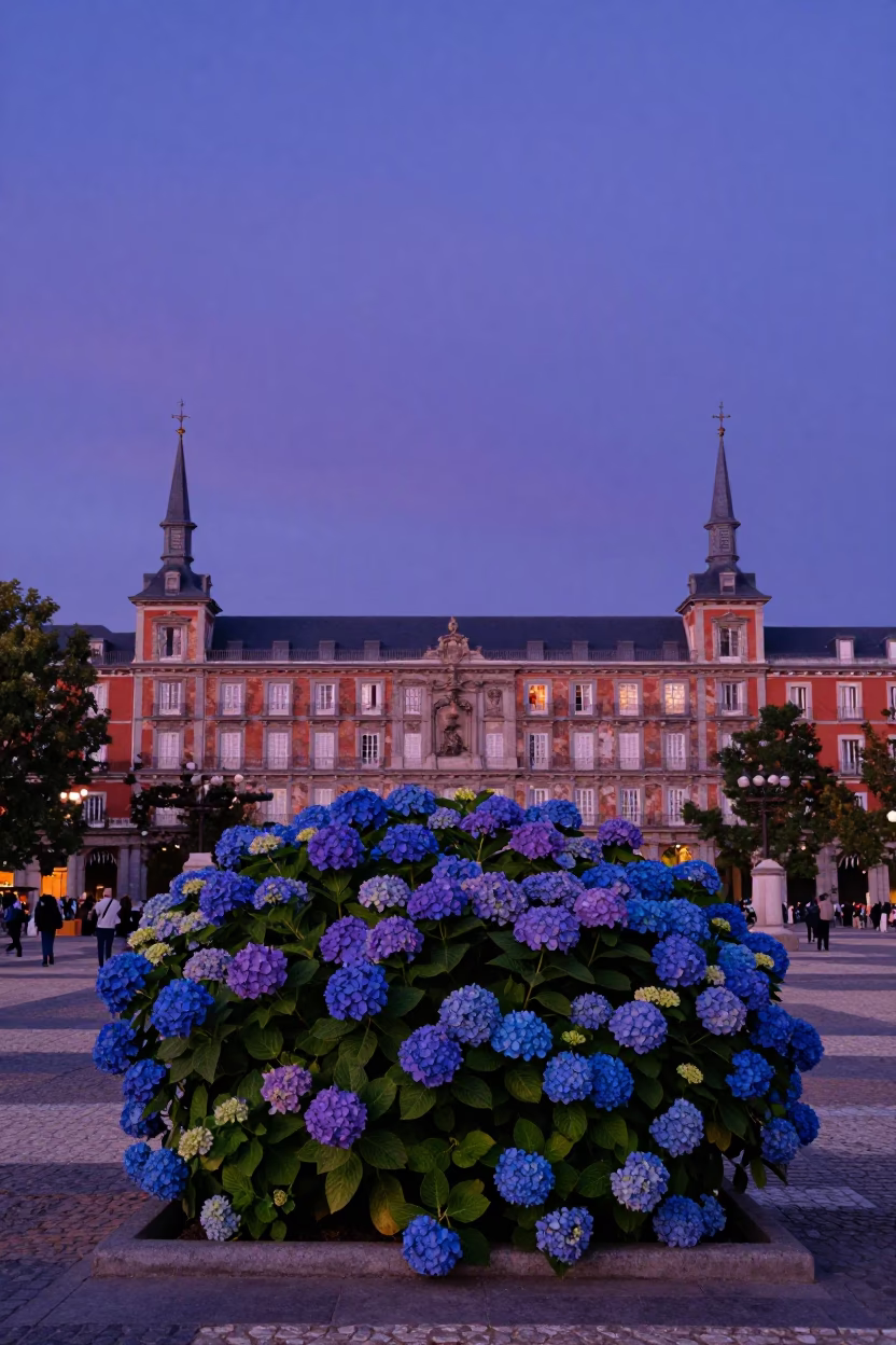 Indigo Twilight Madrid Skyline with Hydrangea Bush Transitioning Colors in in Madrid, Spain