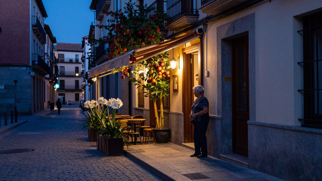 Indigo Twilight Madrid Street Scene with Amaryllis and Pomegranate Tree in in Madrid, Spain