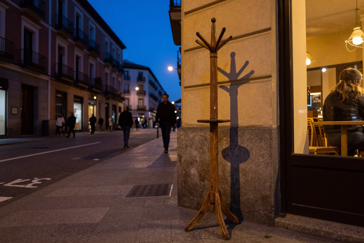 Indigo Twilight Madrid Street Scene with Coat Stand and Storage Tin in in Madrid, Spain