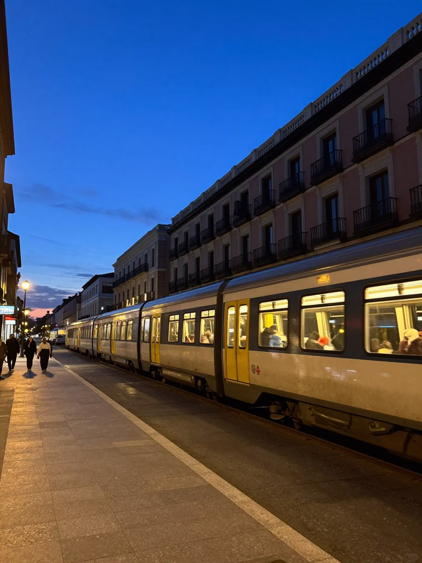 Indigo Twilight Madrid Street Scene with Commuter Train Crossing Bridge in in Madrid, Spain