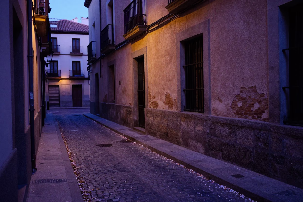 Indigo Twilight Madrid Street Scene with Fallen Petals and Stone Architecture in in Madrid, Spain