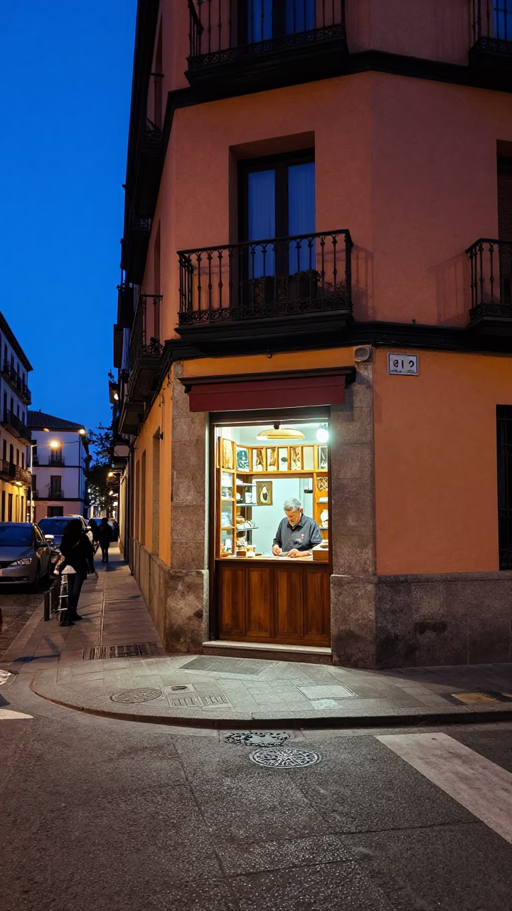 Indigo Twilight Madrid Street Scene with Garlic Bulbs and Basket in in Madrid, Spain