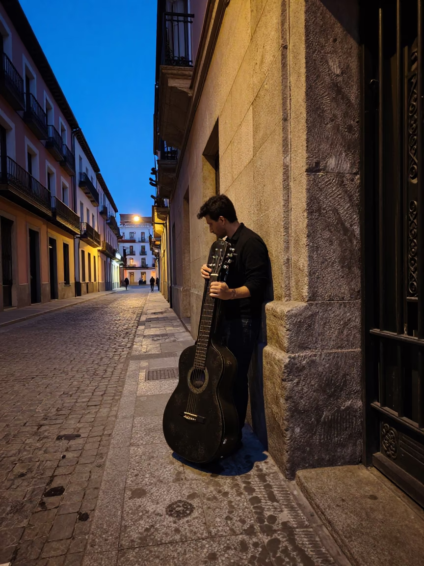 Indigo Twilight Madrid Street Scene with Hammered Metal and Guitar Case in in Madrid, Spain