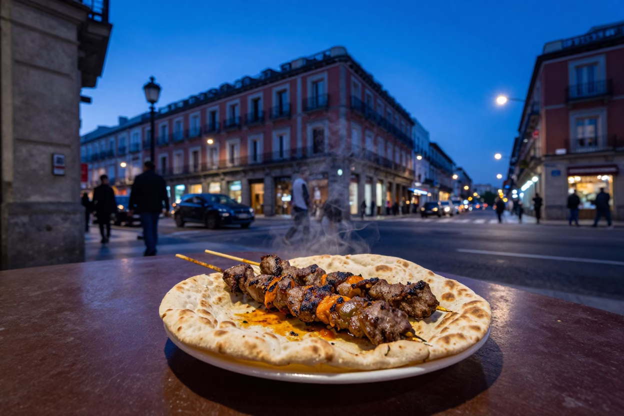 Indigo Twilight Madrid Street Scene with Kebab Koobideh and Grape Vendors in in Madrid, Spain