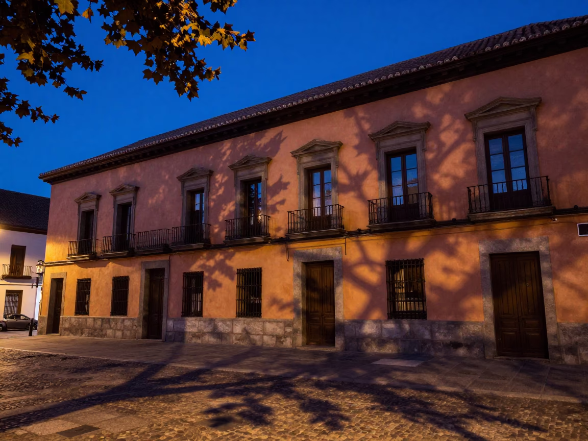 Indigo Twilight Madrid Street Scene with Leaf Shadows and Twine Textures in in Madrid, Spain