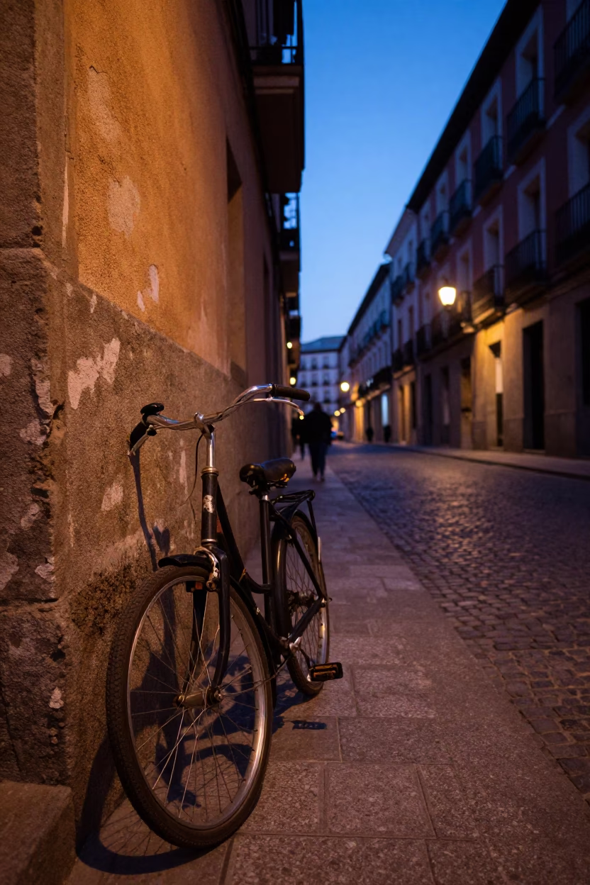 Indigo Twilight Madrid Street Scene with Vintage Bicycle and Urban Architecture in in Madrid, Spain
