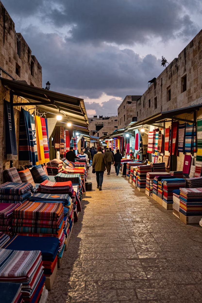 Indigo Twilight Market Stacks in Jerusalem Alley in in a flea market lane in Jerusalem