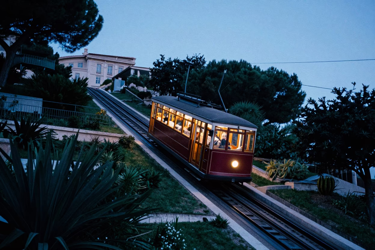 Indigo Twilight Marseille Funicular Rising Through Terraced Gardens Street Scene in in Marseille, France