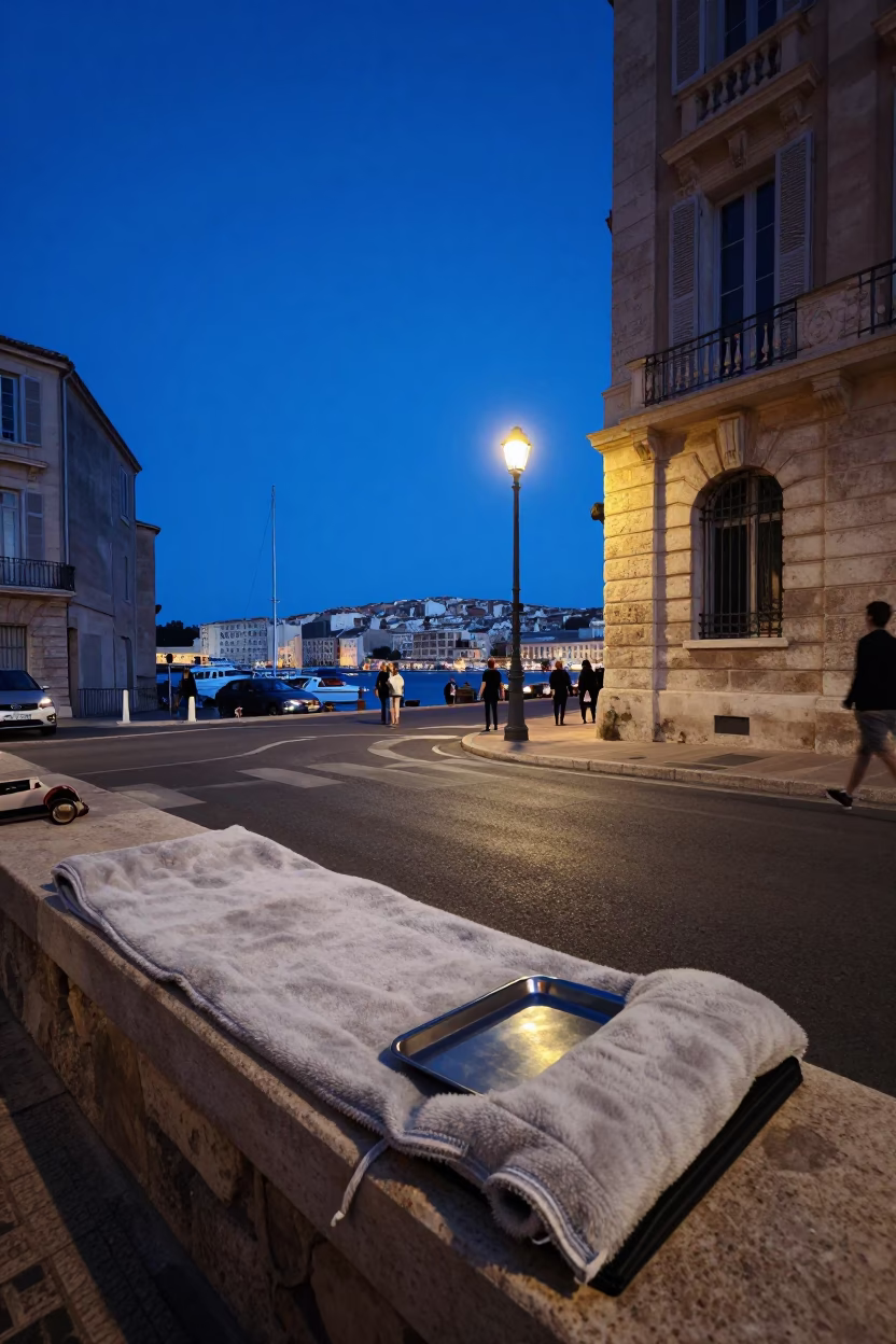 Indigo Twilight Marseille Street Scene with Blanket and Tray of Sambusa in in Marseille, France