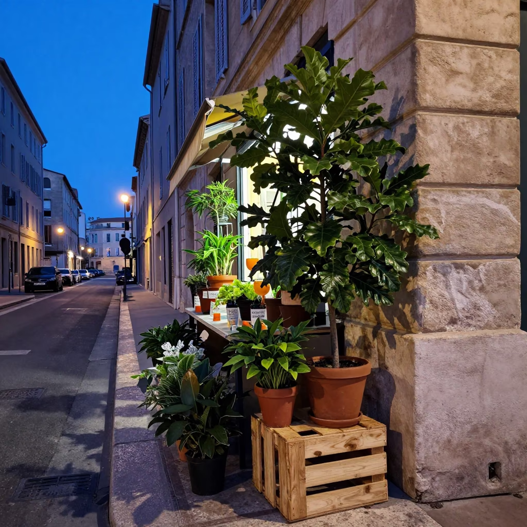Indigo Twilight Marseille Street Scene with Houseplants and Goblet in in Marseille, France