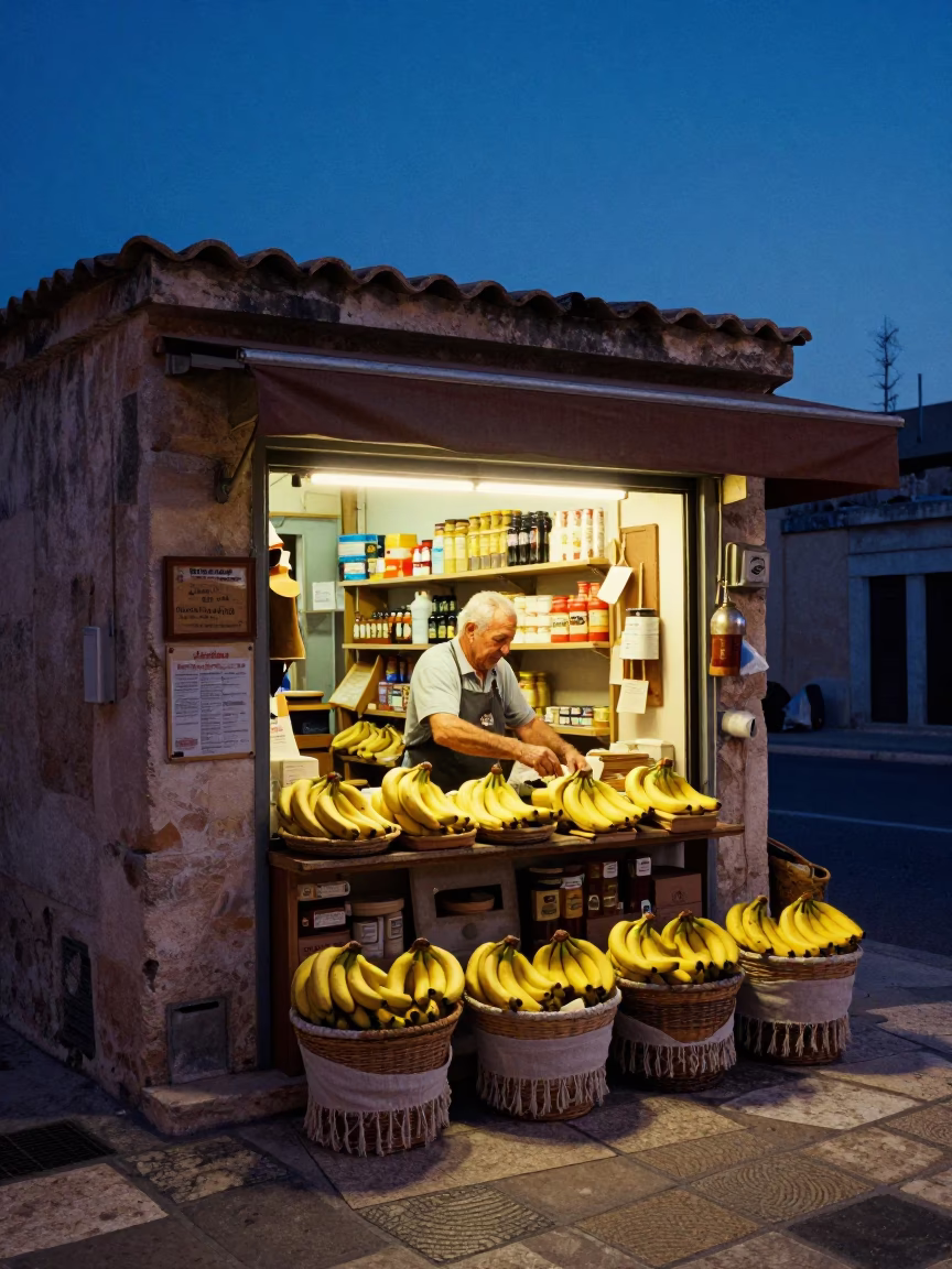 Indigo Twilight Marseille Street Scene with Linen Fringe Basket and Bananas in in Marseille, France