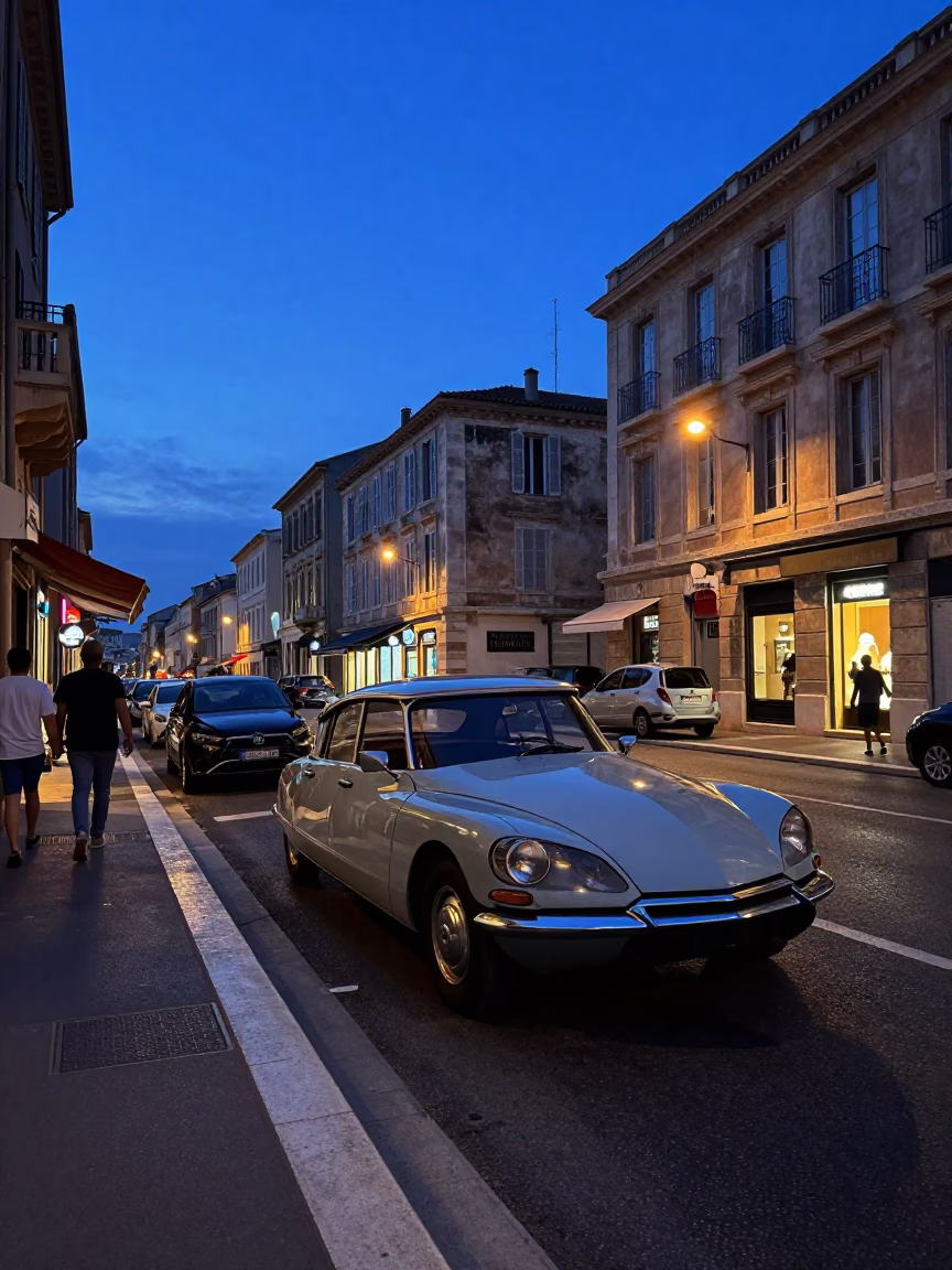 Indigo Twilight Marseille Street Scene with Vintage Car and Traffic Shadows in in Marseille, France