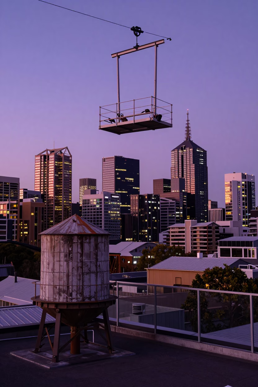 Indigo Twilight Melbourne Skyline with Bridge Maintenance Cage and Rooftop Water Tower View in in Melbourne, Victoria, Australia