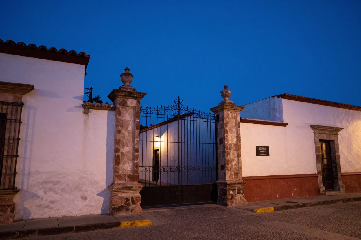 Indigo Twilight Merida Mexico Street Scene with Garden Gate and Local Life in in Merida, Mexico