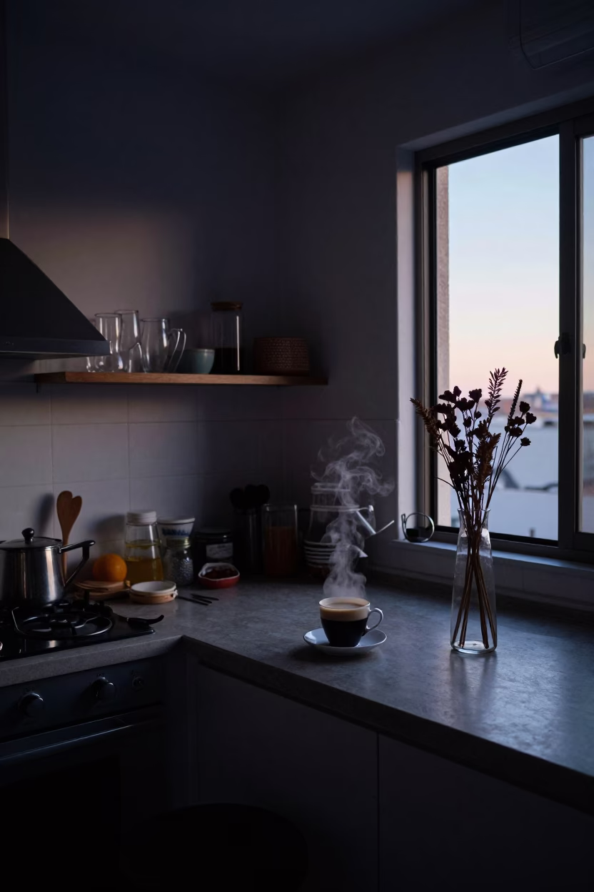 Indigo Twilight Mexico City Kitchen Counter with Steam and Glassware in in Mexico City, Mexico