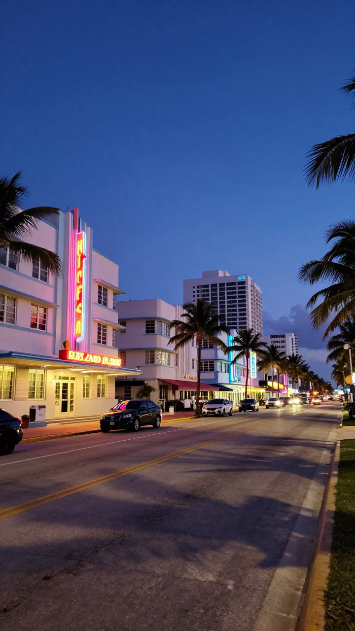 Indigo Twilight Miami Florida Art Deco Street Scene with Vintage Car and Pedestrians in in Miami, Florida, United States