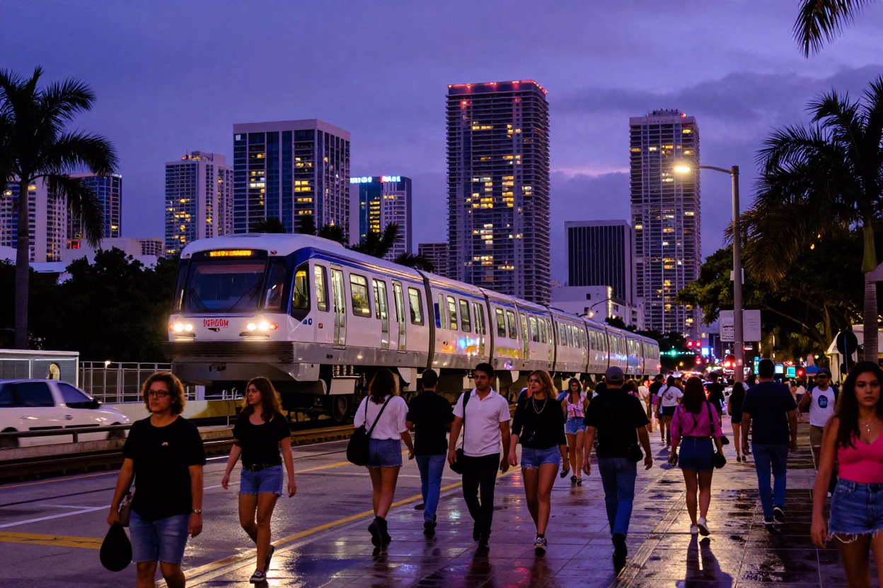 Indigo Twilight Miami Street Scene with Monorail and Neon Lights in in Miami, Florida, United States