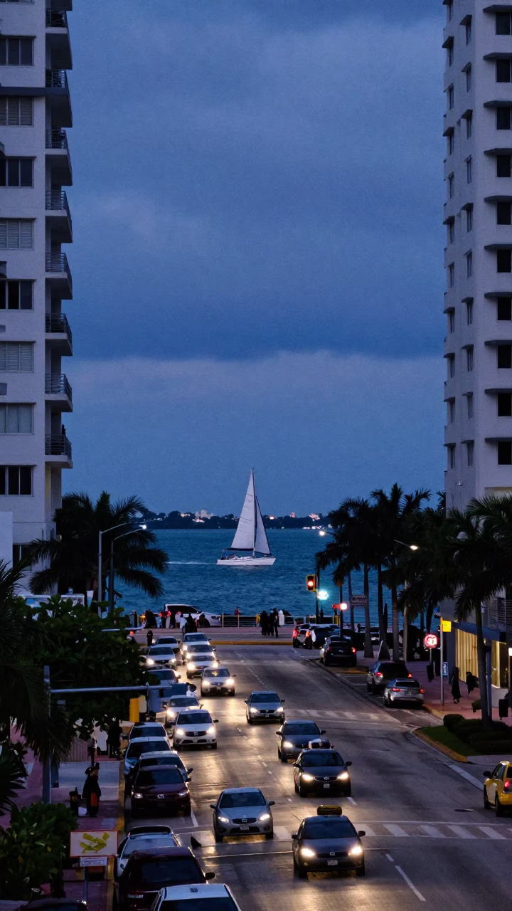 Indigo Twilight Miami Street Scene with Sailboat and Urban Details in in Miami, Florida, United States