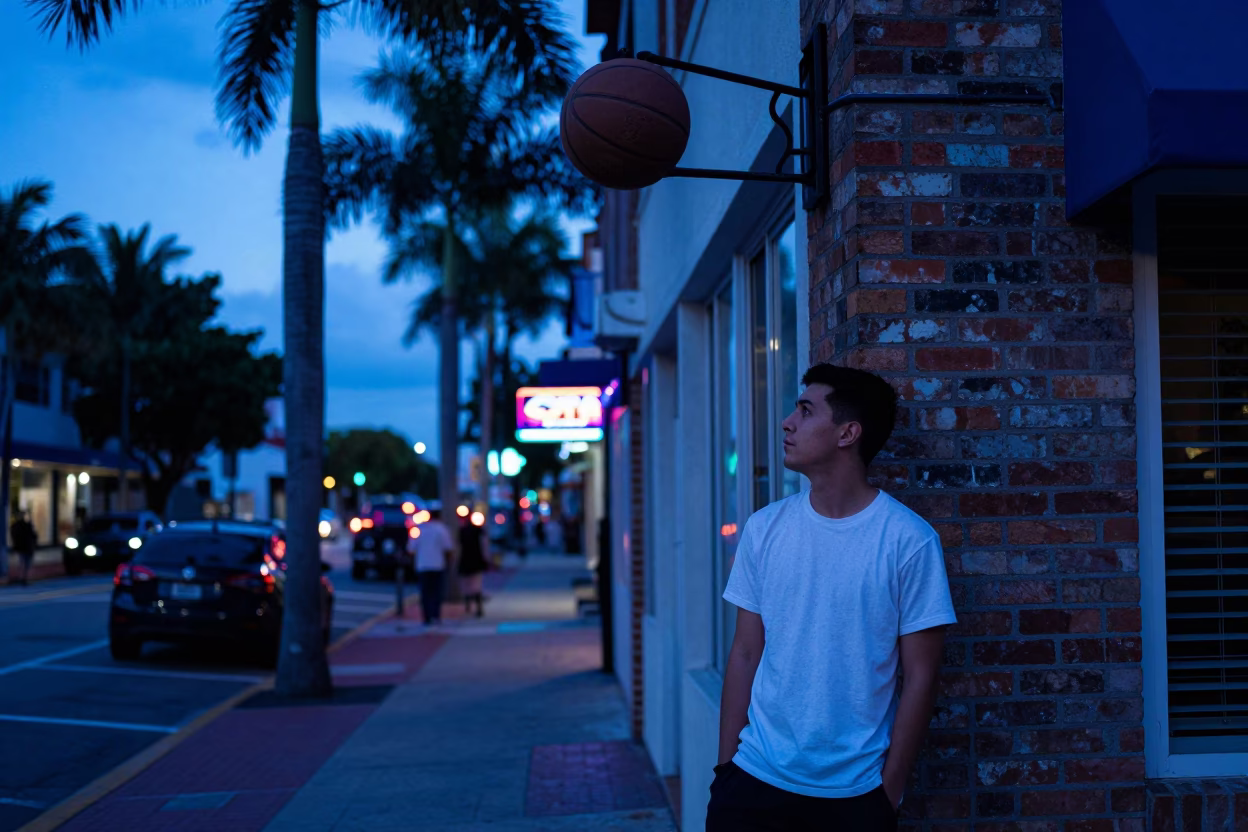 Indigo Twilight Miami Street Scene with Vintage Basketball and Urban Details in in Miami, Florida, United States
