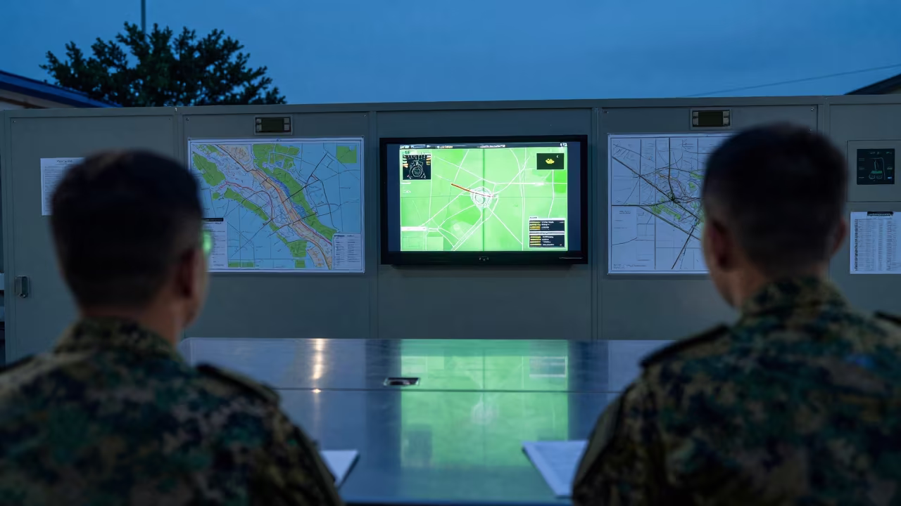Indigo Twilight Military Briefing Room Maps Screens in inside a barracks corridor near Taoyuan
