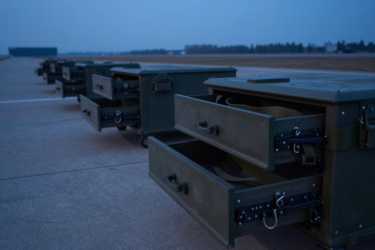 Indigo Twilight Military Supply Drawer at Hefei Flightline in along an airbase flight line in Hefei