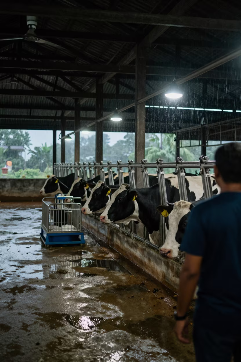 Indigo Twilight Milking Parlor Myanmar Cows in beside a veterinary crush in a barn in Myanmar