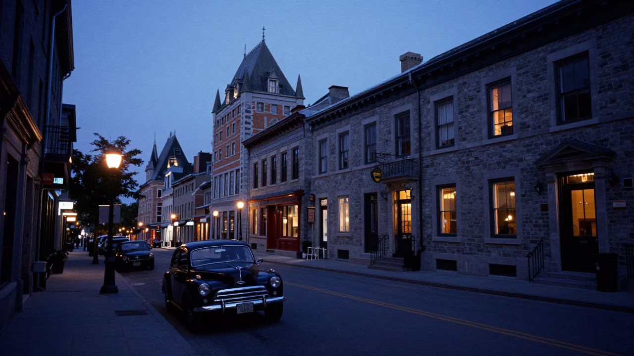 Indigo Twilight Montreal Street Scene with Vintage Car and Cobblestone Architecture in in Montreal, Quebec, Canada