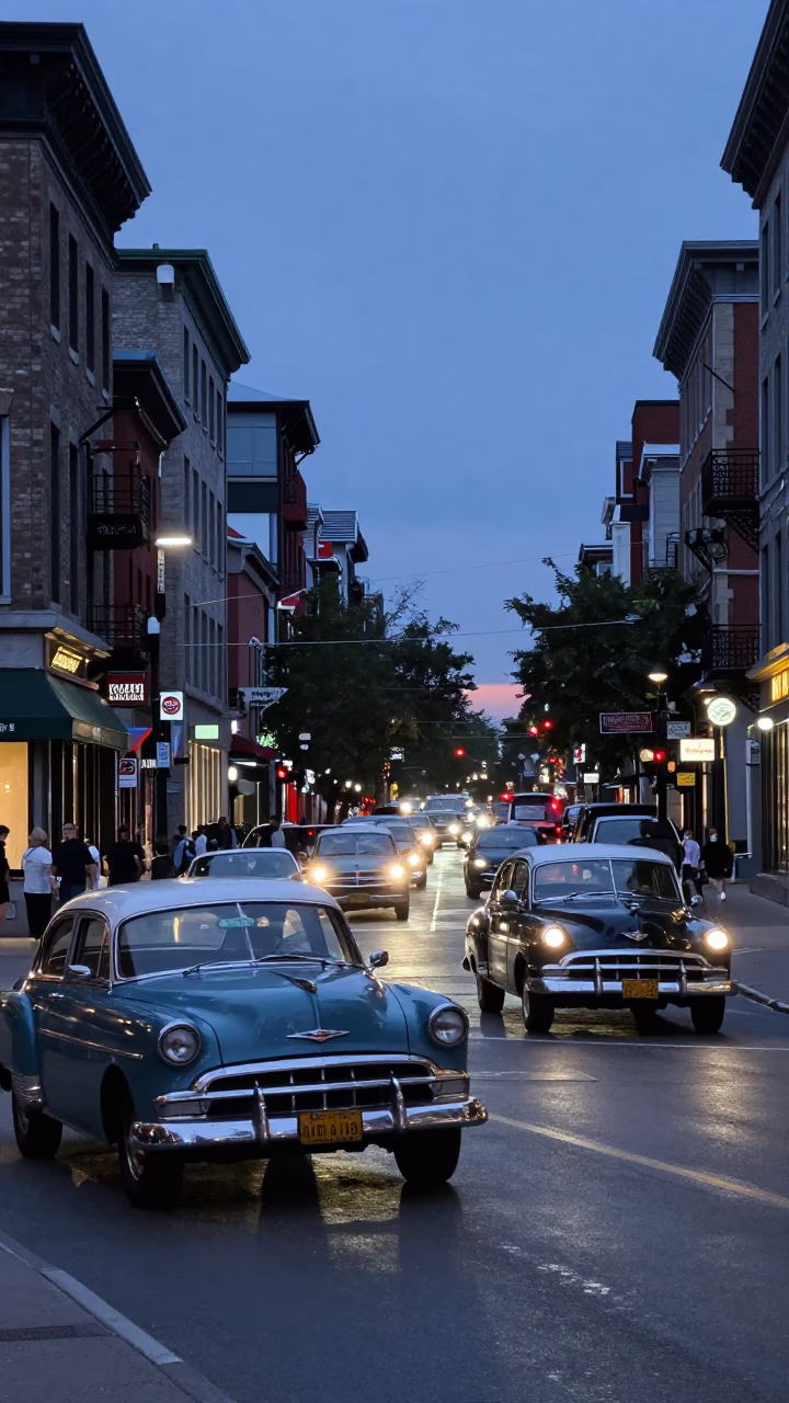 Indigo Twilight Montreal Street Scene with Vintage Cars and Neon Signs in in Montreal, Quebec, Canada