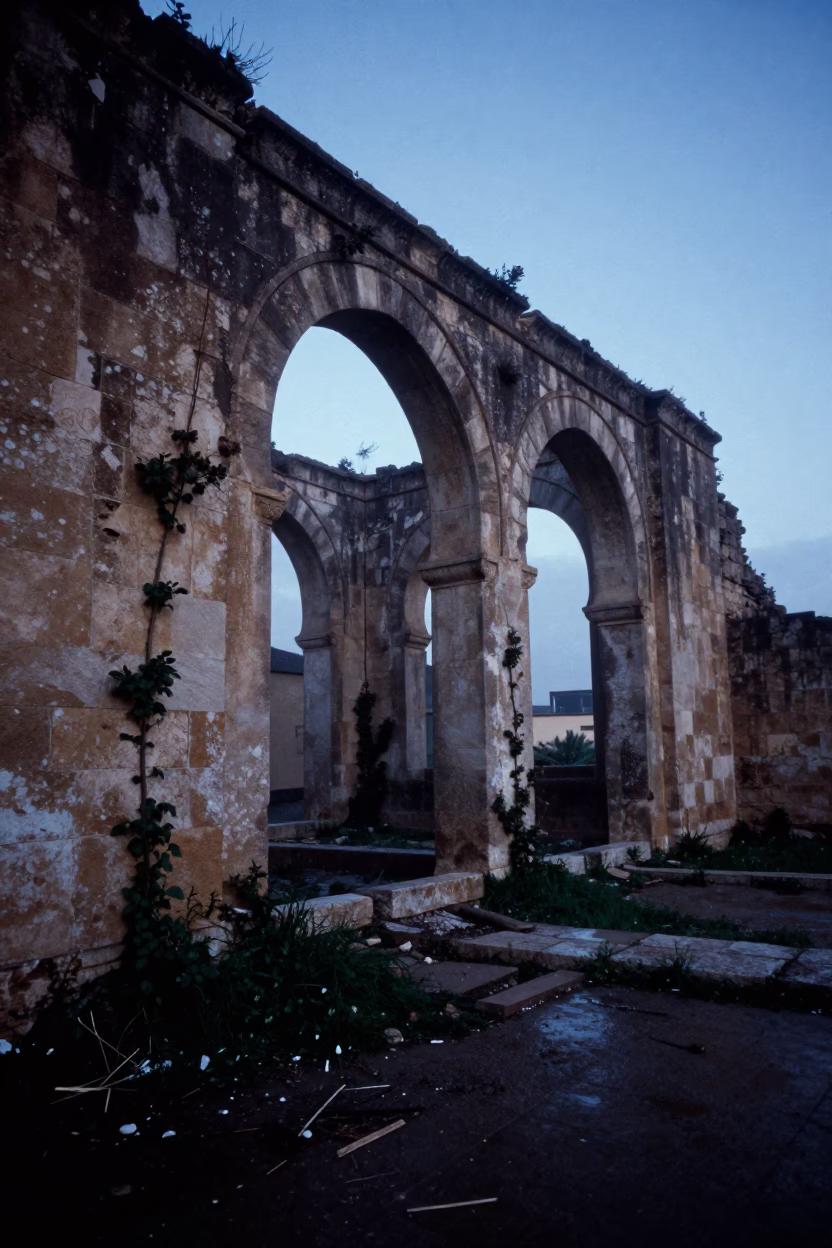 Indigo Twilight Ruins of Moorish Palace Arch in inside a roofless nave near Rosetta