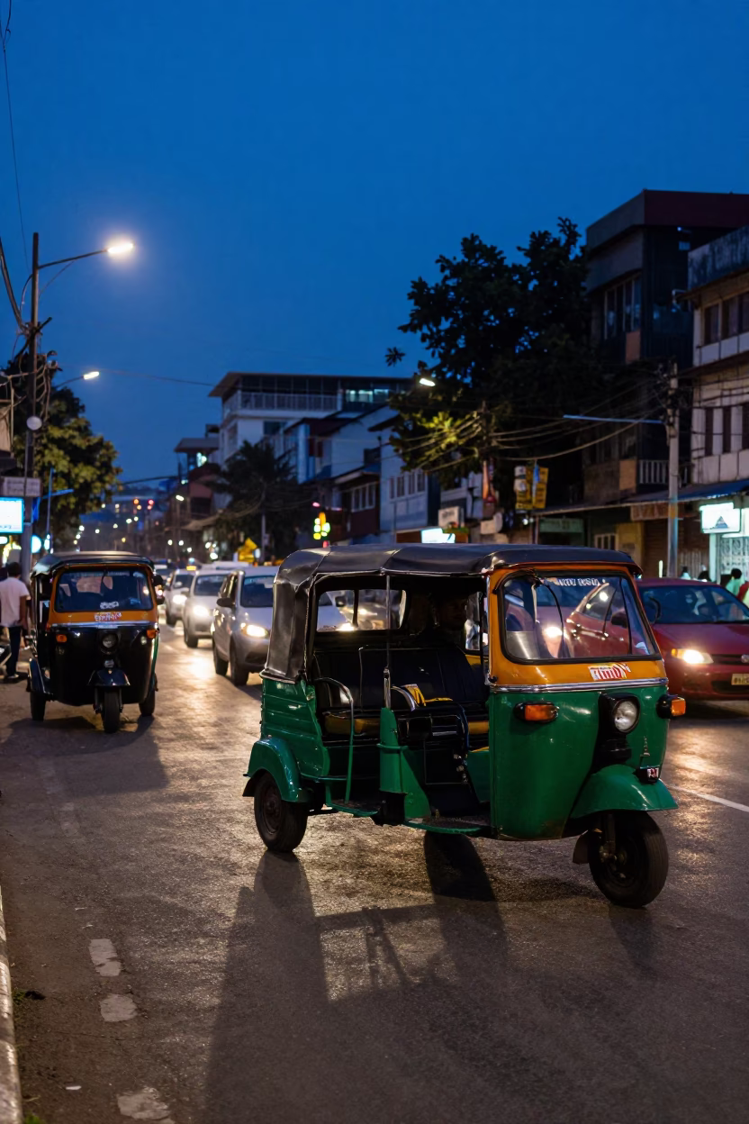 Indigo Twilight Mumbai Street Scene with Auto-Rickshaw and Urban Details in in Mumbai, India