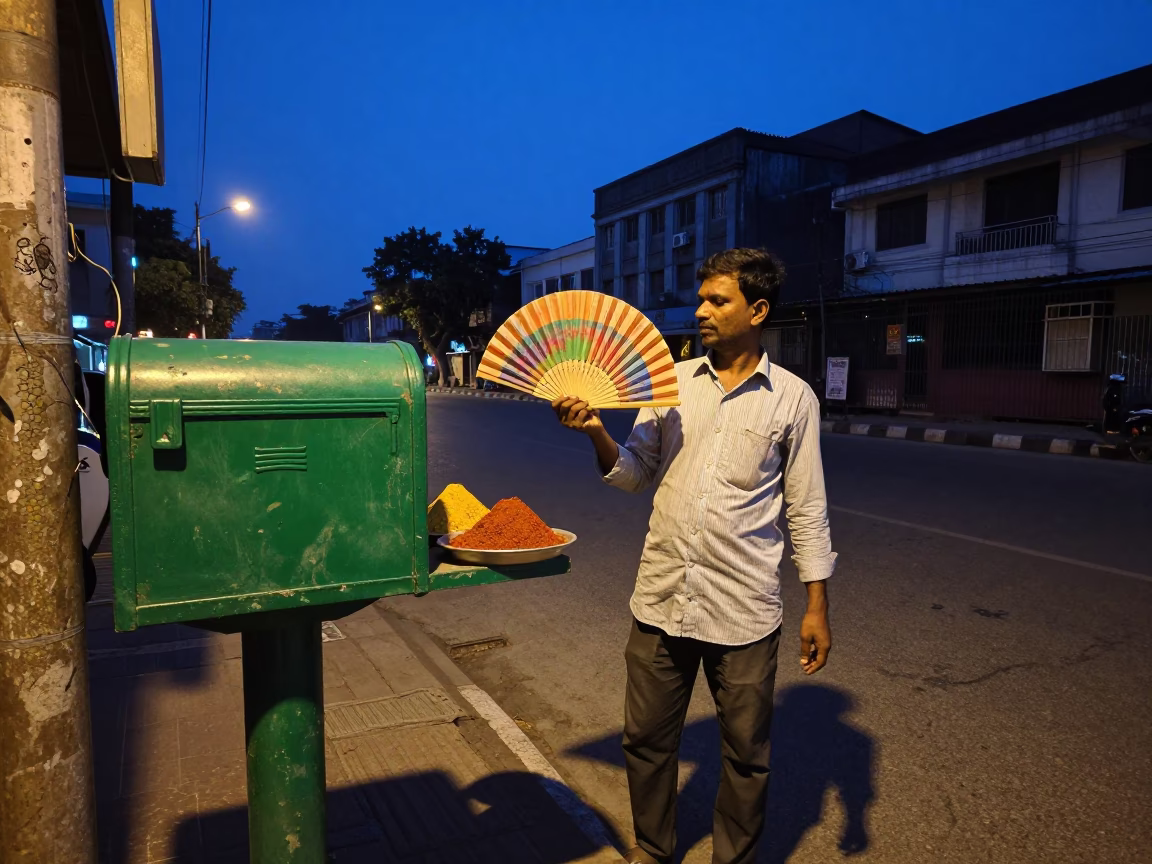 Indigo Twilight Mumbai Street Scene with Paper Fan and Mailbox in in Mumbai, India