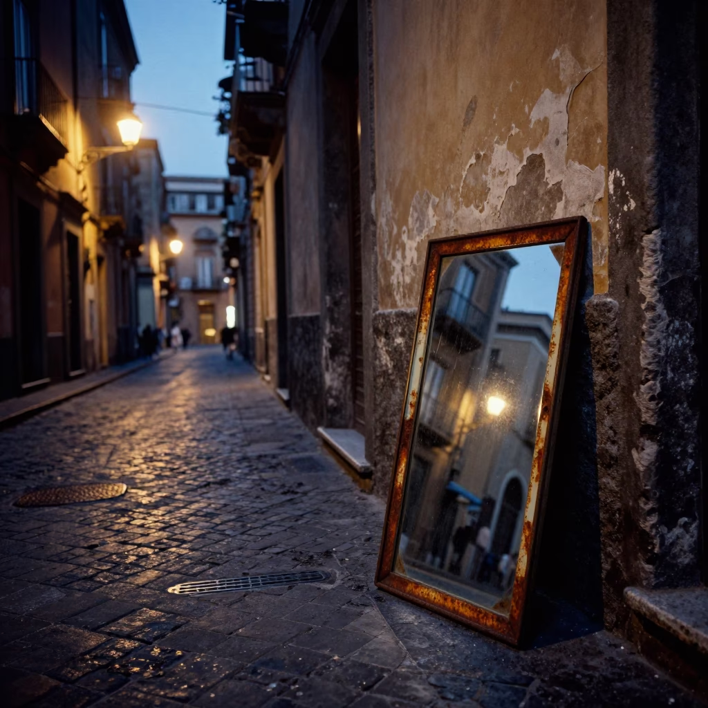 Indigo Twilight Naples Street Scene with Rusty Mirror and Steam Haze in in Naples, Italy