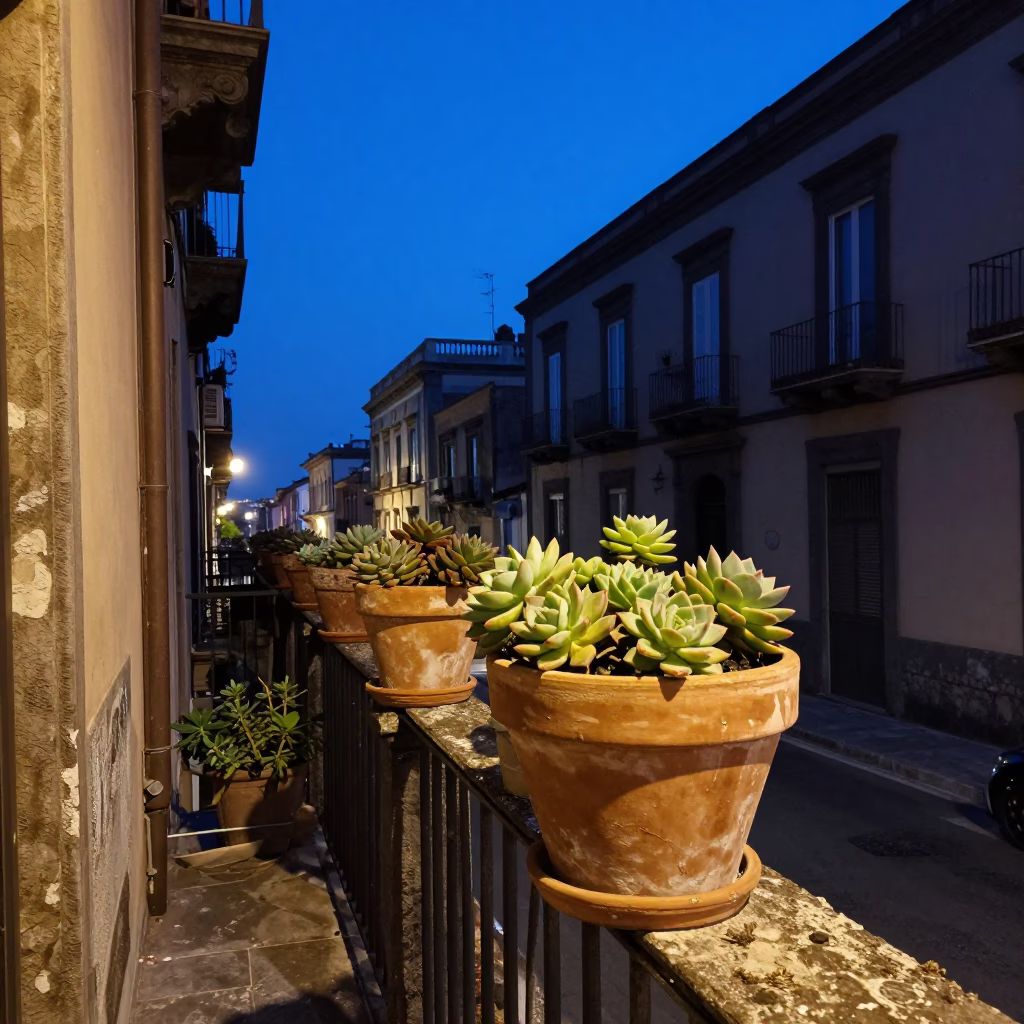 Indigo Twilight Naples Street Scene with Terracotta Pots and Lantern Glow in in Naples, Italy