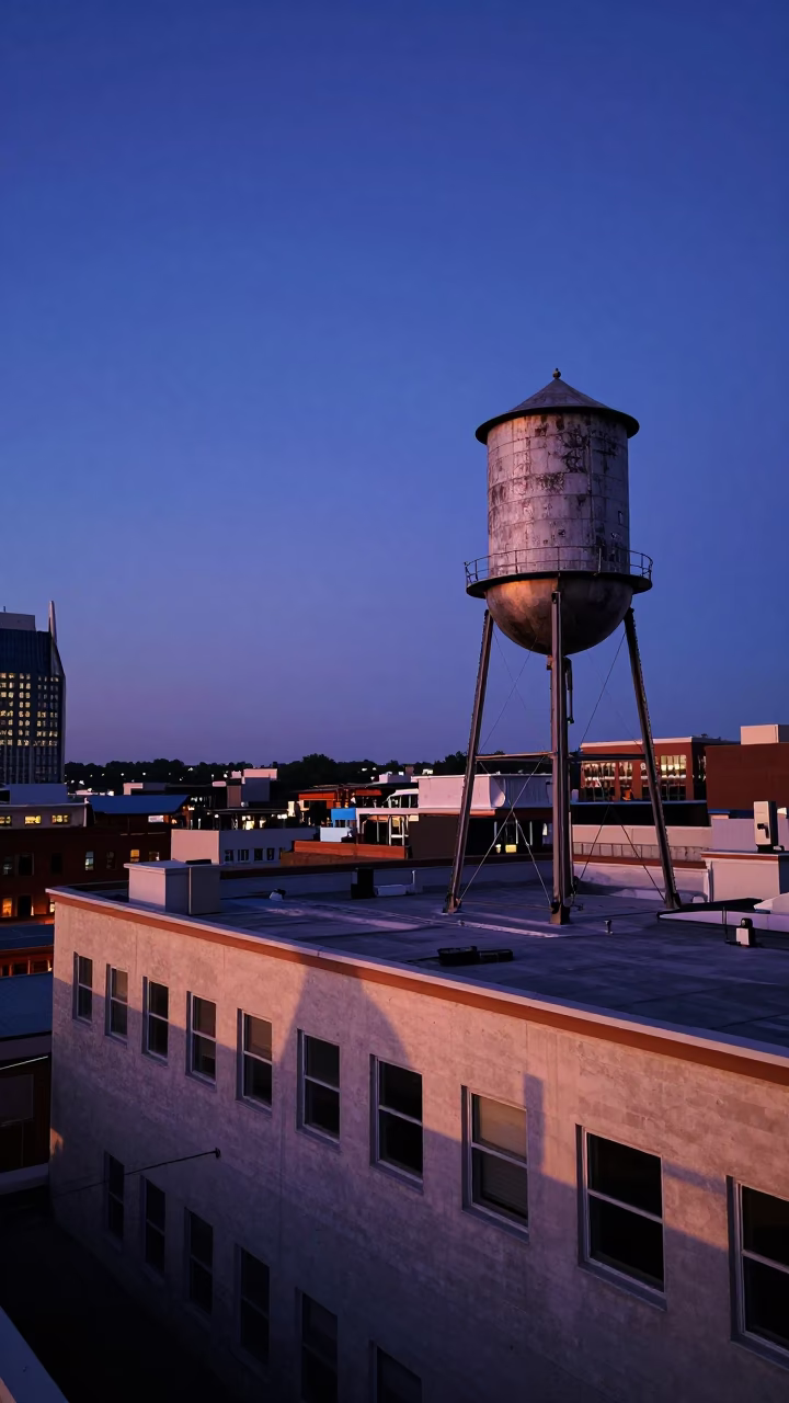 Indigo Twilight Nashville Rooftop View with Water Tower and Brass Trim in in Nashville, Tennessee, United States