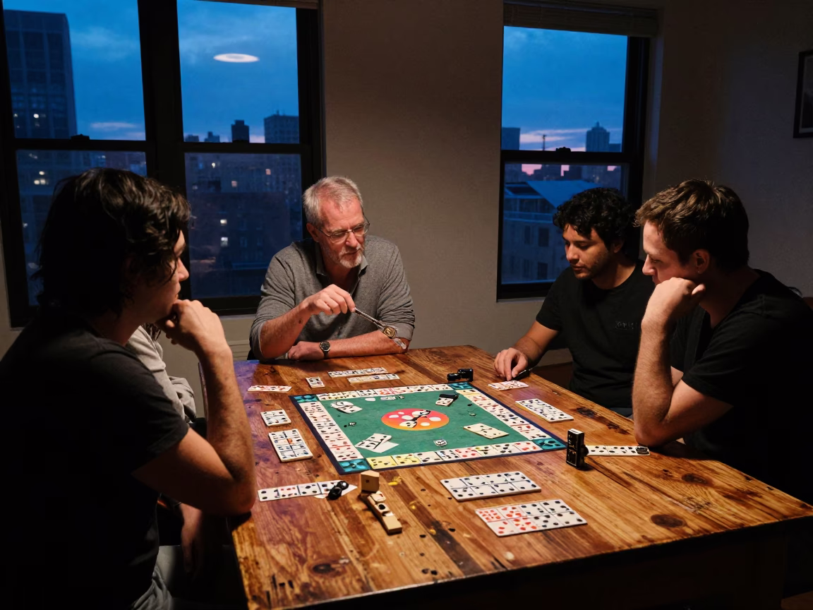 Indigo Twilight New York Apartment Interior Domino Game with Blue White Porcelain Plate in in New York, New York, United States