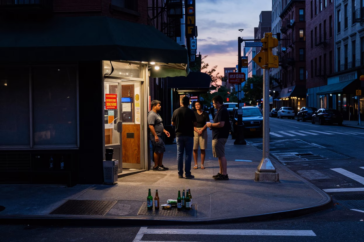 Indigo Twilight New York Street Corner with Glass Bottles and Stoneware in in New York, New York, United States