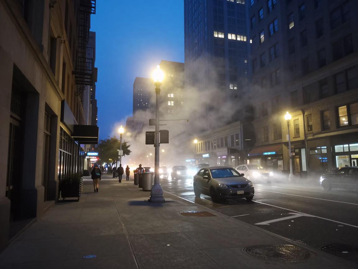 Indigo Twilight New York Street Scene with Steam Haze and Local Life in in New York, New York, United States