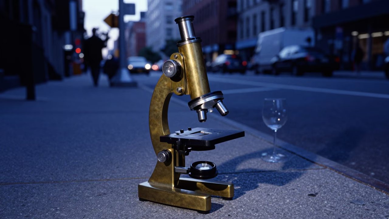 Indigo Twilight New York Street Scene with Vintage Brass Microscope and Crate in in New York, New York, United States