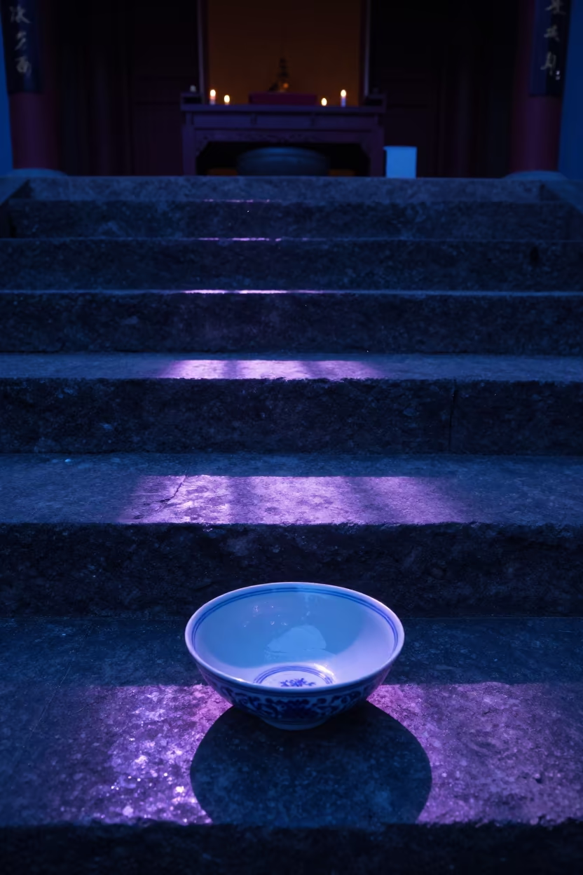 Indigo Twilight Offering Bowl on Stone Steps in at the foot of a stone altar in Wenzhou