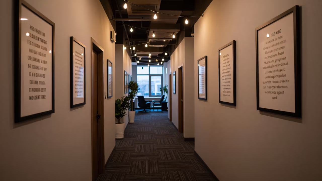 Indigo Twilight Office Hallway with String Lights in inside a coworking floor in Astana