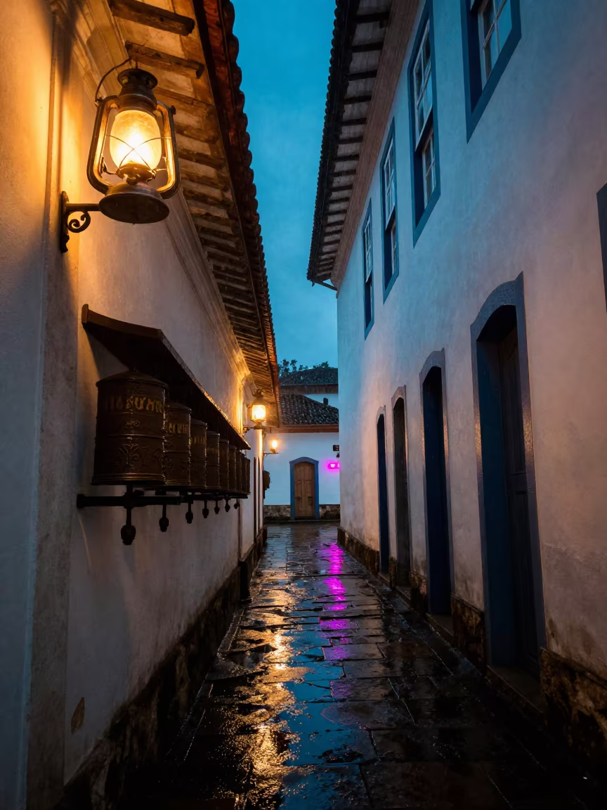 Indigo Twilight Oil Lamps in Ouro Preto Temple in beside a prayer wheel corridor in Ouro Preto