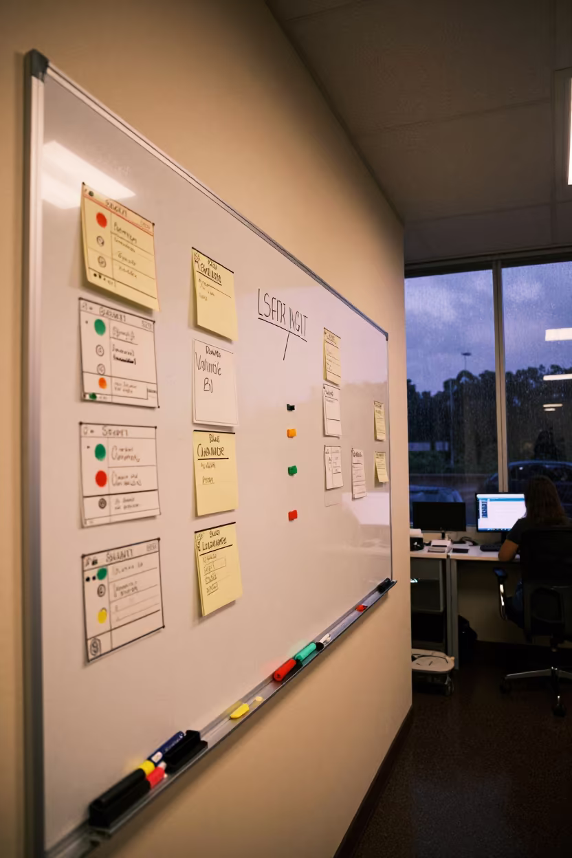 Indigo Twilight Operations Center Whiteboard with Sprint Cards in in an operations center under monitor glow in Charallave