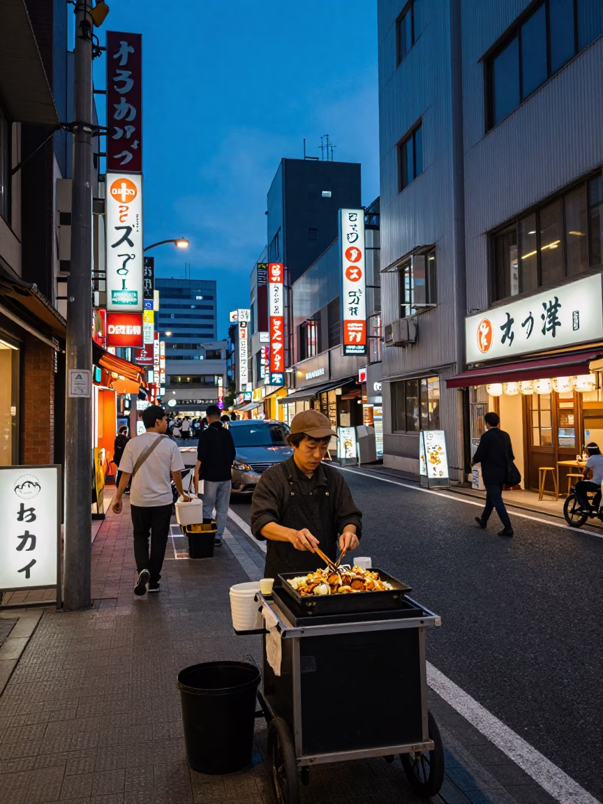 Indigo Twilight Osaka Street Scene with Katsudon and Urban Details in in Osaka, Japan