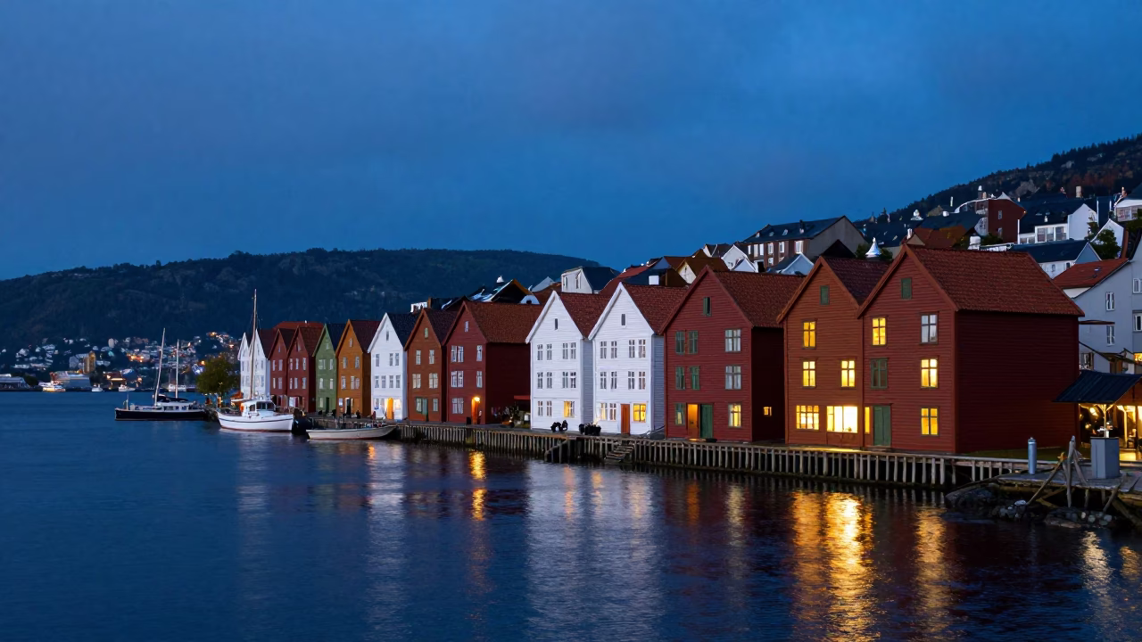 Indigo Twilight Over Bergen Norway Fjord and Historic Bryghen Wharf in in Bergen, Norway