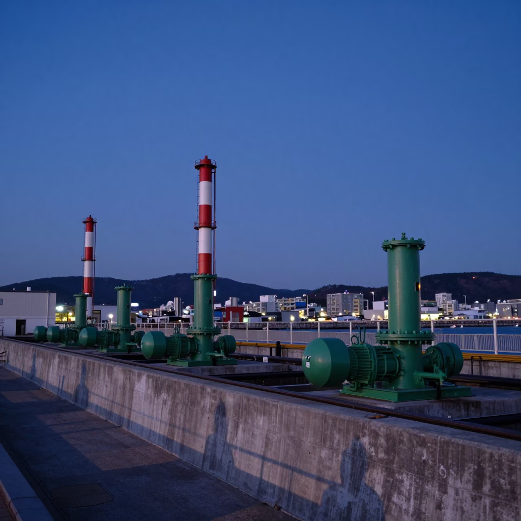 Indigo Twilight Over Busan Harbor with Sewage Pumping Station and Tanker Ship in in Busan, South Korea