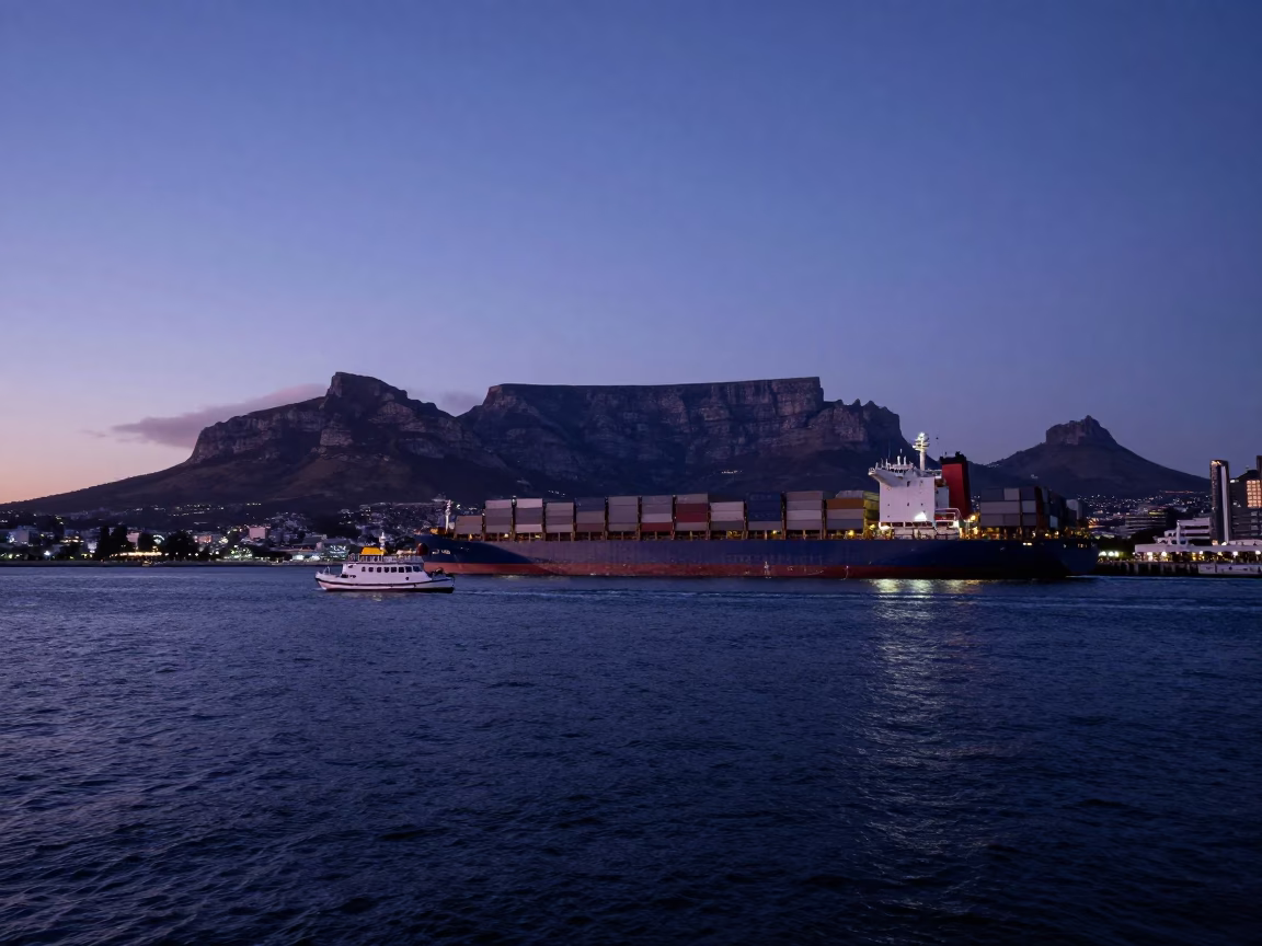 Indigo Twilight Over Cape Town Harbor with Pilot Boat Guiding Container Ship in in Cape Town, South Africa